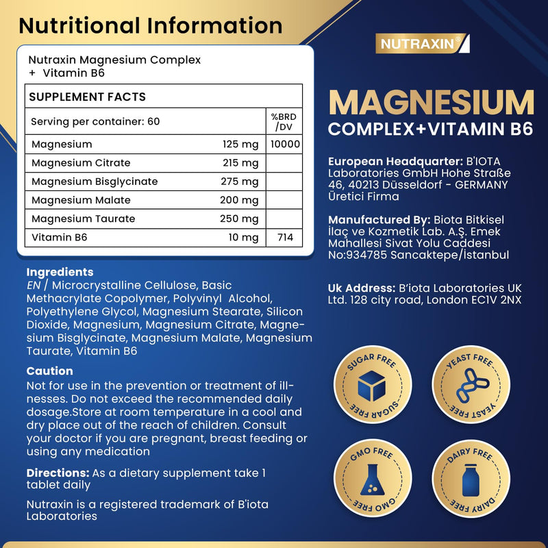 Nutraxin 4-in-1 Magnesium Complex (125g Elemental) + Vitamin B6 for Energy, Muscle Function, Bone & Fatigue - 60 Tablets with Magnesium Citrate, Bisglycinate, Malate & Taurate - Vegetarian Formula Magnesium Complex + Vitamin B6