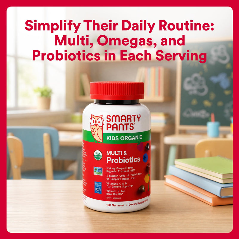SmartyPants Organic Kids Multivitamin Gummies: Probiotics, Omega 3 (ALA), Vitamin D3, C, Vitamin B12, B6, A, K & Zinc for Immune Support, Biotin, Three Fruit Flavors, 120 Count (30 Day Supply) 30 Servings Organic + Probiotics