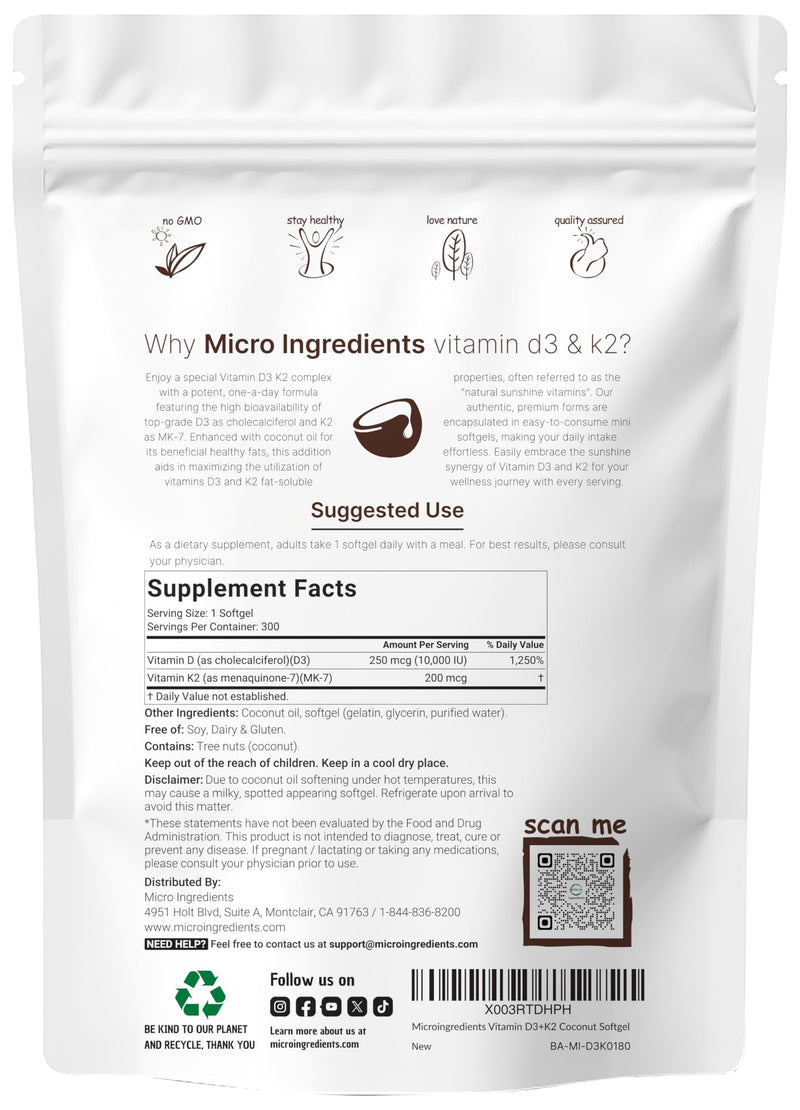 Micro Ingredients Vitamin D3 10,000iu + K2 200mcg & L-Theanine 200mg with Magnesium Glycinate Bundle 2 Pack | Coconut MCT Oil Infused Softgels | Amino Acid & Mineral Complex