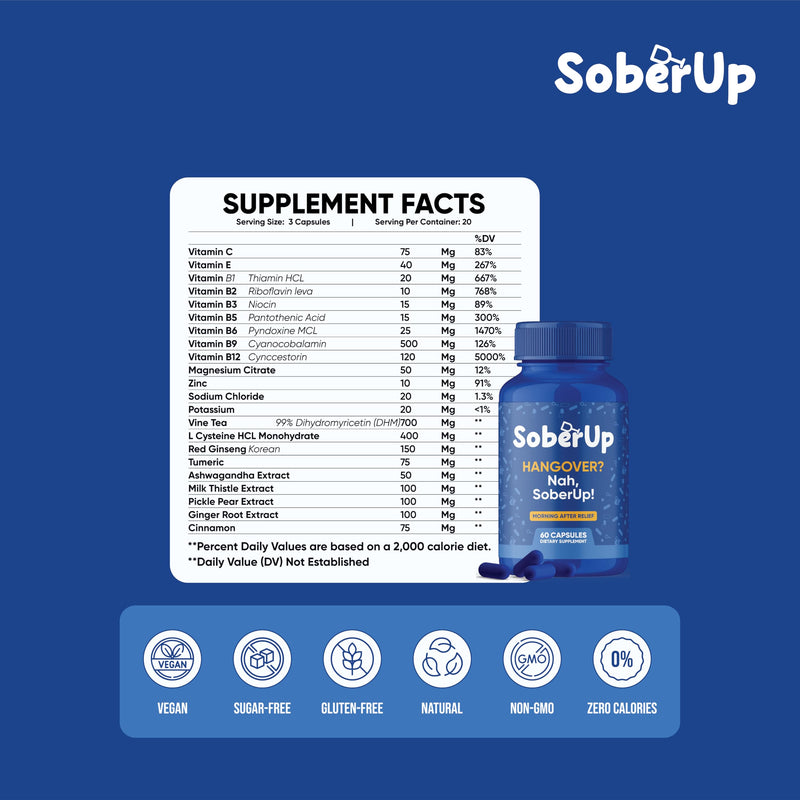 SoberUp Recovery Boost – Hydration, Electrolytes, Antioxidants, Herbal Wellness Blend – DHM, Milk Thistle, Vitamin B Complex - Supports Morning After Clarity, Energy, Rejuvenation – Vegan – 60 Count