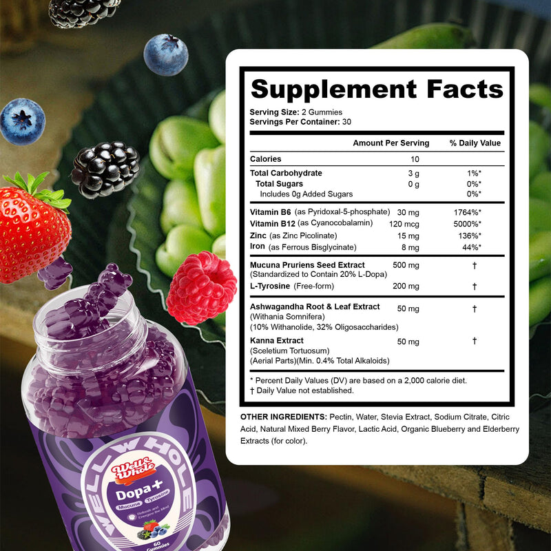 [Australia] - Well&Whole Dopamine Gummies - Mucuna Pruriens Supplements Gummies 500mg with L-Tyrosine 200mg & Ashwagandh, Mood & Focus Support, Berry Flavor, Non-GMO, Gluten-Free, 60cts 