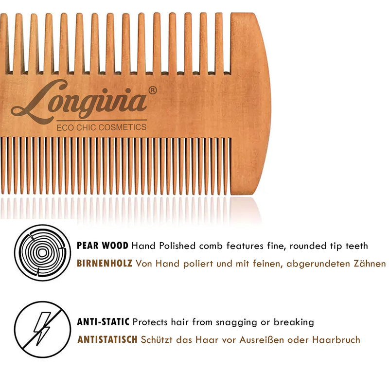 [Australia] - Longivia® Beard Comb Wood Ecological 100% Pear Wood Beard Comb Wood Beard Care for Men Wooden Comb Coarse and Fine Prongs Set - High Quality Beard Comb 