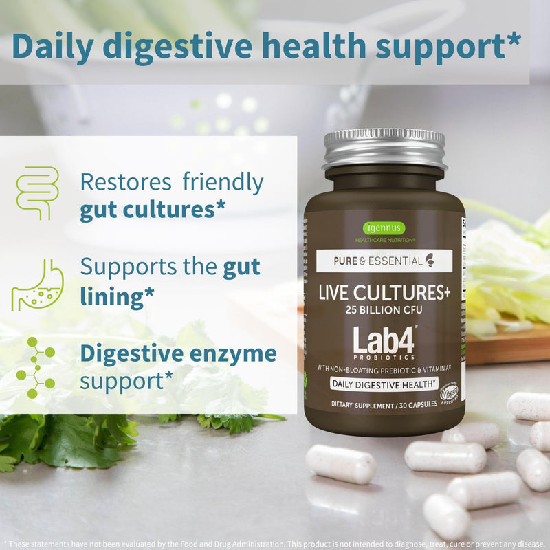 Live Cultures+ Lab4 Probiotics + Vegan Vanilla Collagen Protein Powder Vegan Bundle, Complete Collagen Boosting Formula + 25 Billion CFU Probiotic with Non-Bloating Prebiotic, by Igennus