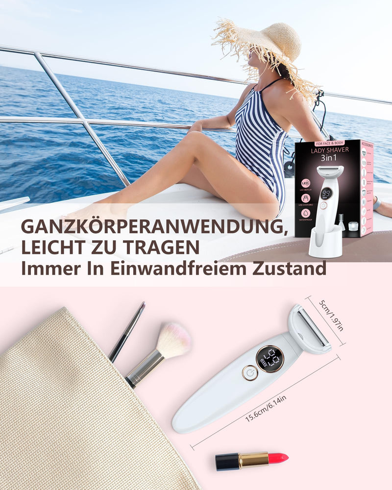 [Australia] - Women's razor, 3-in-1 intimate razor for women, facial hair remover for women, women's razor, electric wet-dry razor, IPX7 waterproof trimmer for women, for bikini area, armpits, legs, USB charging 