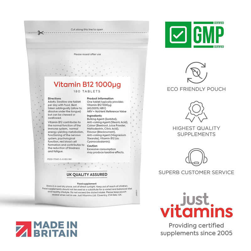 Vitamin B12 High Strength 1000mcg | 180 Vegan Tablets | Supports Energy, Metabolism & Reduces Fatigue | Blackcurrant Flavoured Sublingual Tablets | UK Made - Just Vitamins