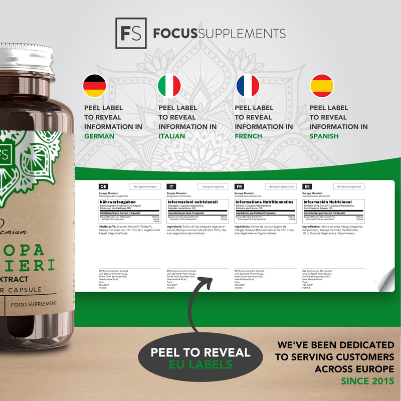 FS Bacopa Monnieri | 120 Brahmi Capsules - 500mg Bacopa Per Serving | Vegan Brahmi Powder Monnieri Capsules | Non-GMO, Gluten & Allergen Free | Manufactured in The UK