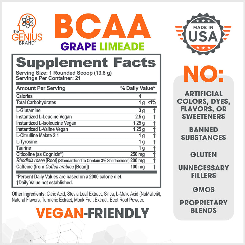 [Australia] - Genius BCAA Energy Powder, Grape Limeade - Nootropic Amino Acids & Muscle Recovery - Natural Vegan BCAAs Workout Supplement for Women & Men (Pre, Intra & Post Workout) - No Artificial Sweeteners 21 Servings (Pack of 1) 