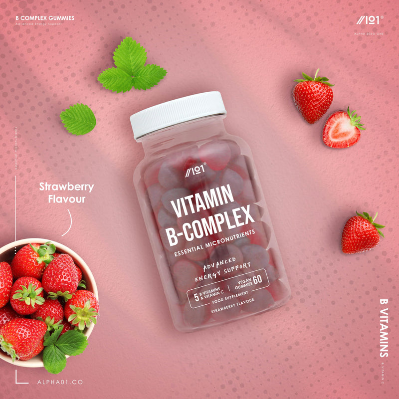 Vitamin B Complex Gummies - 5 Essential B Vitamins & Vitamin C - 60 Vegan Gummies - Strawberry Flavour - By Alpha01