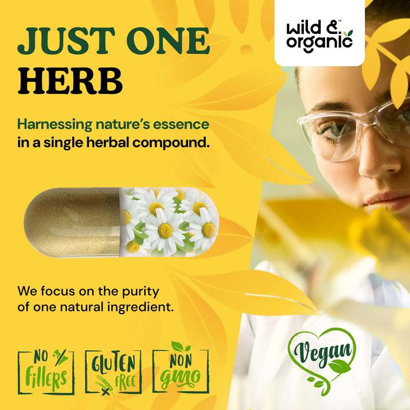 [Australia] - Wild & Organic Chamomile Capsules 800 mg - Relaxation & Digestive Support - Herb Chamomile Extract Supplement - Matricaria Recutita Flower - Vegan, No Fillers, Non-GMO - 60 Count 