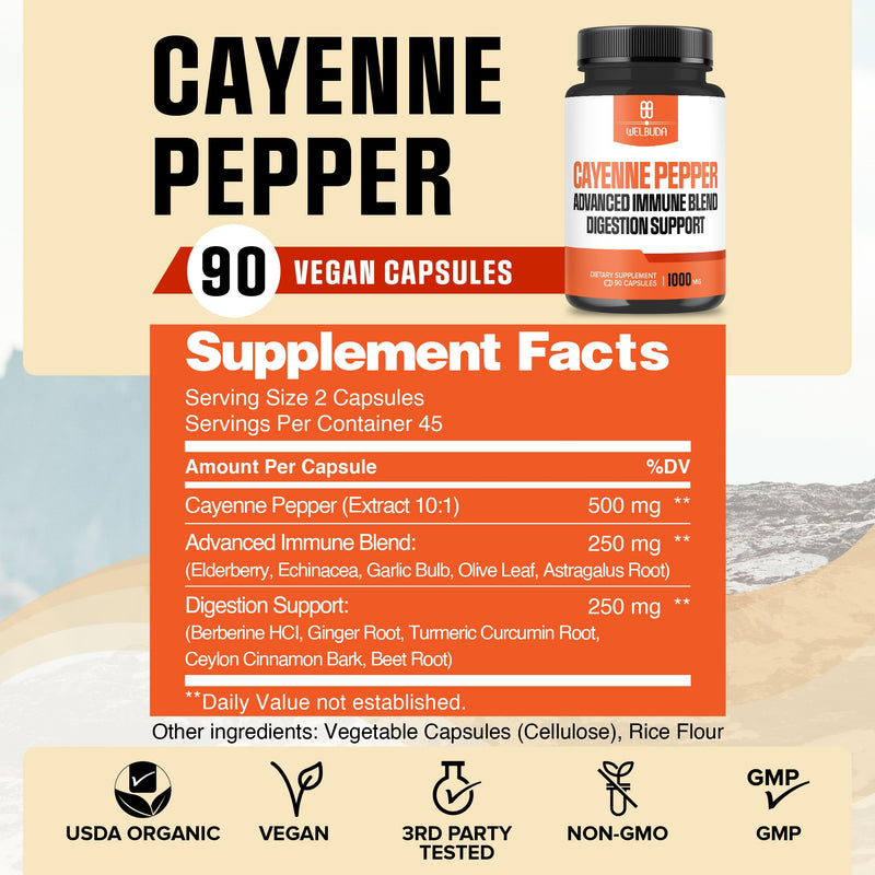 [Australia] - 1000mg Cayenne Pepper Capsules with Elderberry, Echinacea, Berberine HCI & More - Support Digestion Health, Healthy Heart & Immune System - 90 Veggie Capsules 90 Count (Pack of 1) 