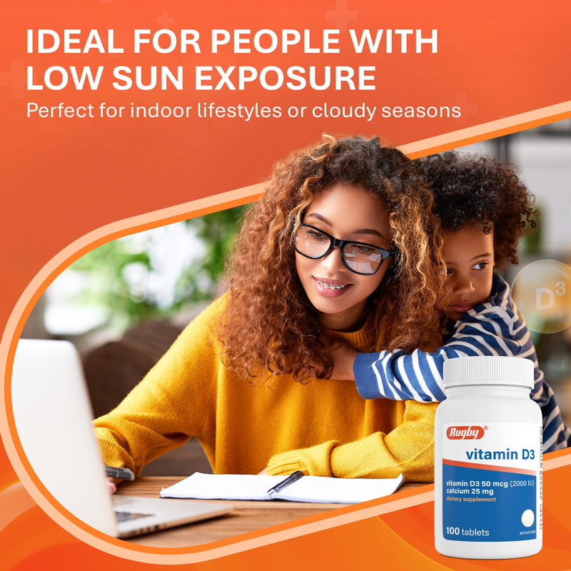 Rugby Vitamin D3 2000 IU (50 mcg) Tablets with Calcium 25 mg, 100 Count | Gluten-Free Supplements, Helps Support Calcium Absorption, for Bones, Teeth & Immunity, for Low Sun Exposure & Aging Adults