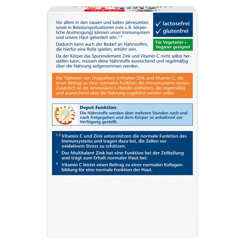 [Australia] - Doppelherz Zinc 15 + Histidine + Vitamin C - 15 mg Zinc as a contribution to the normal function of the immune system and to the maintenance of normal skin - 100 vegan depot tablets 100 DEPOT tablets (pack of 1) 