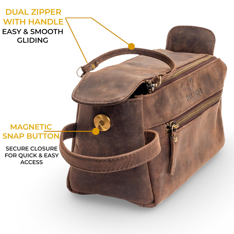 Full Grain Leather Toiletry Bag for Men & Women – Water-Resistant Travel Shaving Kit Organizer with YKK Zipper, Spacious Bathroom Grooming & Cosmetic Storage Case, Dark Brown 1