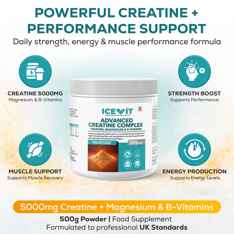 Creatine Monohydrate Powder 500g – Micronised 200 Mesh – 5g Per Serving (71 Servings) – Creatine Complex with Magnesium, Vitamin B6 & B12 – Raspberry & Blueberry Flavour – Vegan