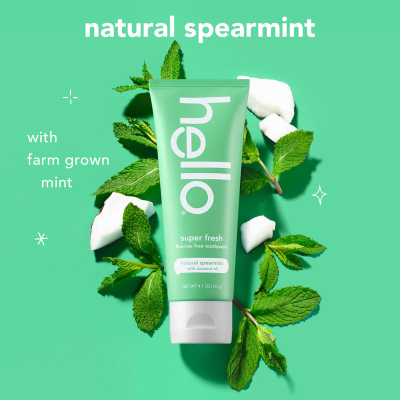 [Australia] - hello Super Fresh Fluoride Free Toothpaste, Toothpaste for Bad Breath, Helps Remove Surface Stains, Natural Spearmint, 3 Pack, 4.7 Oz Tubes 