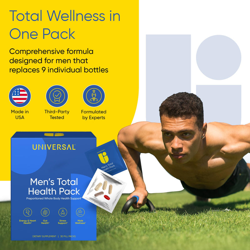Universal U Men's Total Health Vitamin Packs — 22+ Vitamins, Minerals & Omega-3 Krill Oil with Ashwagandha, Mushroom Blend, AstraGin | Energy, Focus, Heart, Prostate & Gut | 30 Daily Packs