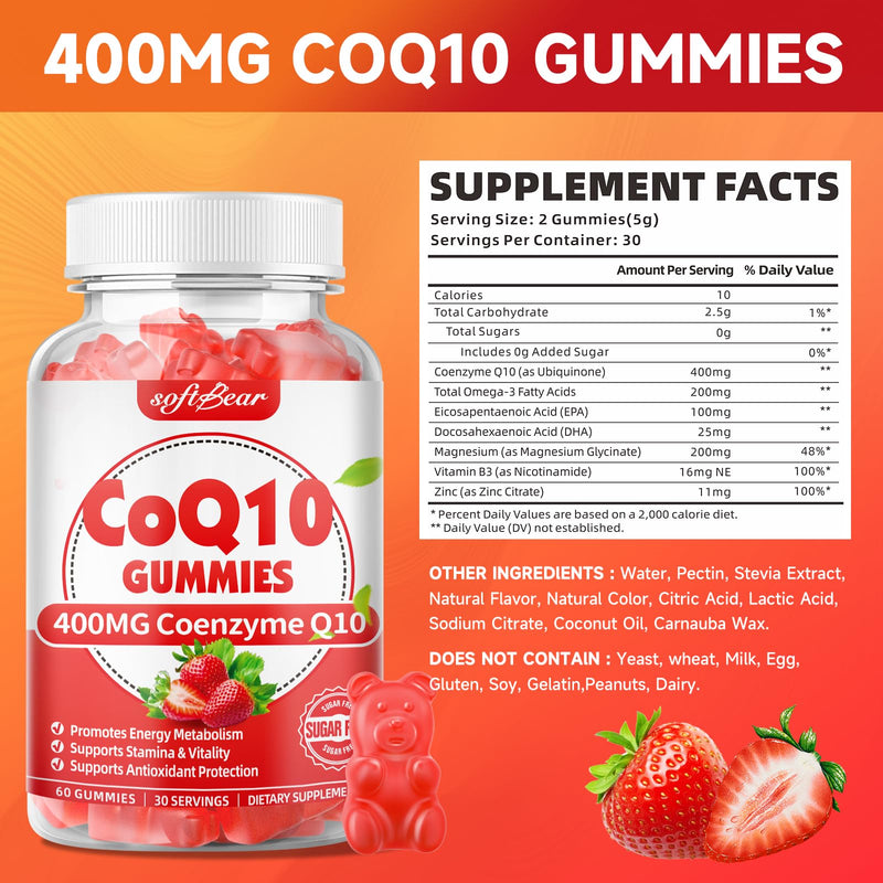 softbear CoQ10 Gummies 400mg Coenzyme Q10 Supplement for Adults, High Absorption coq10 Plus Omega-3, Magnesium, Vitamin B3 & Zinc for Cellular Energy & Antioxidant, Strawberry Flavor 120 Count 60 Count (Pack of 2)