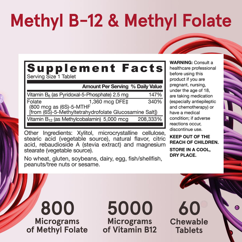 Jarrow Formulas Methyl B-12 & Methyl Folate, Bioactive Vitamin B9 and Vitamin B12 Supplement, Supports Cellular Energy Production, Healthy Brain Function & Metabolism, 60 Chewable Tablets, 60 Servings | Bioactive Vitamin B12 & B9 Supplement, Supports C...
