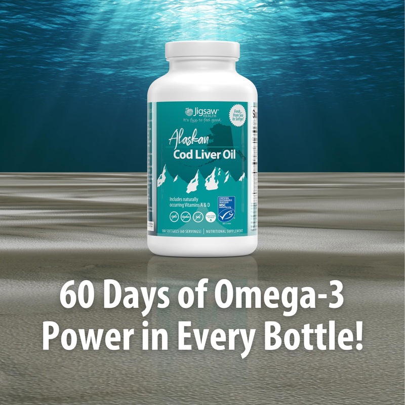 [Australia] - Jigsaw Health Alaskan Cod Liver Oil | 900 mg Omega-3s with EPA, DHA, and DPA | Includes Naturally Occuring Vitamins A & D | 180 Softgels | 60 Servings 