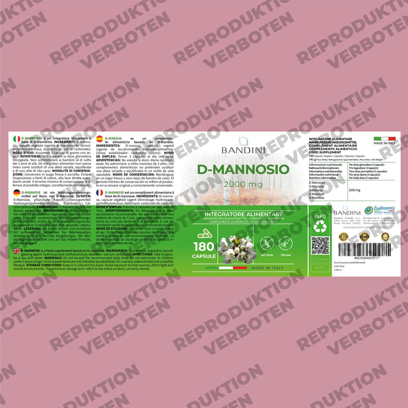 [Australia] - Bandini® D Mannose for cystitis, 2000 mg pure, high dosage, 180 capsules, dietary supplement for well-being and support of the urinary tract, D-Mannose, 100% vegan & GMO-free 180 pieces (pack of 1) 
