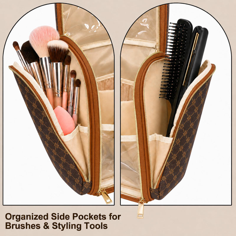 Women Travel Toiletry Bag Large Hanging Toiletry Bag with Mirror | Leather Makeup Bag Organizer with Removable Partition & Hook,Travel Cosmetic Organizer for Full-Size Toiletries Accessories Brown