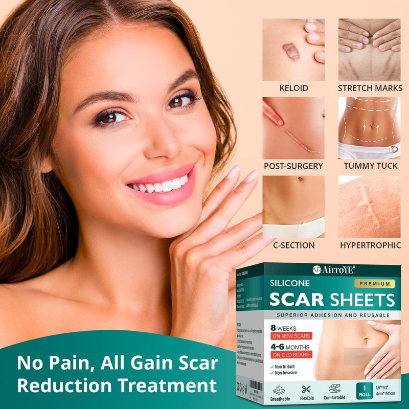 [Australia] - Silicone Scar Sheets, Silicone Scar Tape (1.6"x 60" Roll-1.5M), Reusable and Effective Scar Removal Sheets, Silicone Scar Removal Sheets for Surgical Scars, Healing Keloid, C-Section, Tummy Tuck 
