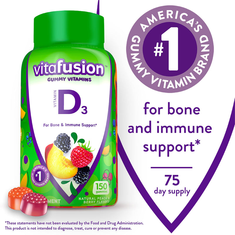 Vitafusion Fiber Well + Probiotics Gummies for Adults, 60 Count Vitamin D3 Gummy Vitamins, Peach, BlackBerry and Strawberry Flavored, 50 mcg Vitamin D, 150 Count Nutritional Supplement+ Vitamin D3 Gummy