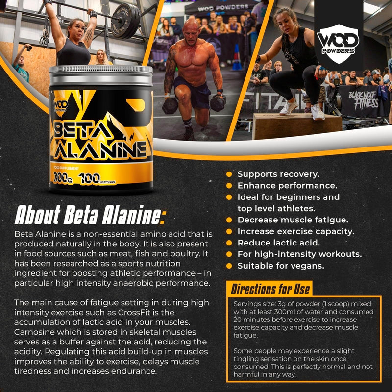 Beta Alanine Powder 300g - Unflavoured Beta Alanine for Functional Fitness | Scoop Included | Enhances Training Duration & Performance | Backed by Athletes - WOD Powders - 300g