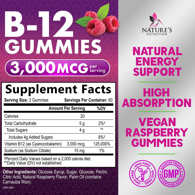 Vitamin B12 Energy Gummies - 3000 mcg per Serving Extra Strength B 12 Gummy for Metabolism, Immune Support - Chewable Dietary B-12 Supplements, Natural Caffeine Free Gummy, Berry Flavor - 120 Gummies 120 Count (Pack of 1)