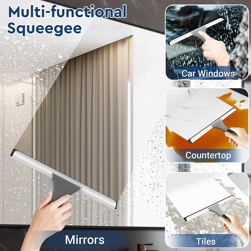 [Australia] - Space Saving & Detachable Silicon Shower Squeegee for Glass, Door, Mirror, Windows & Tile Walls, Portable Clean Tools with One Hook & One Adhesive, Stainless Steel-10 Inches (Gray) 10-Inch Gray 