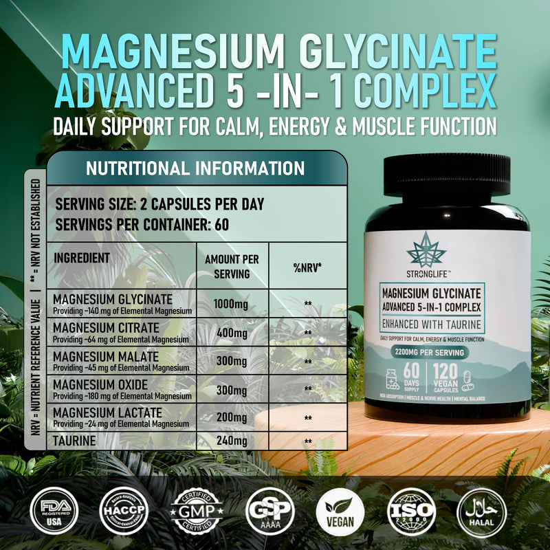 Magnesium 5-in-1 Capsules – 120 Capsules | 60-Day Supply | Glycinate, Citrate, Malate, Oxide, Lactate + Taurine | High Strength | Muscle, Energy, Sleep Support