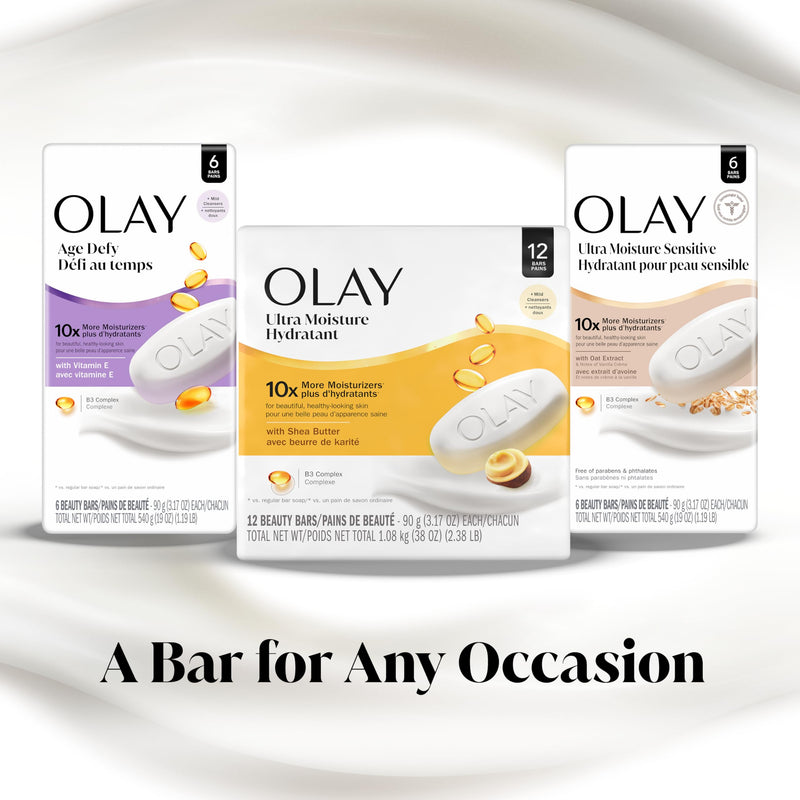 Olay Beauty Bar, Age Defying, 10x More Moisturizers, Smooth & Gentle on Skin, Vitamin E & Vitamin B3 Complex, For All Skin Types, Shea Butter Scent, 3.17 oz, (Pack of 6) 3.17 Ounce (Pack of 6)