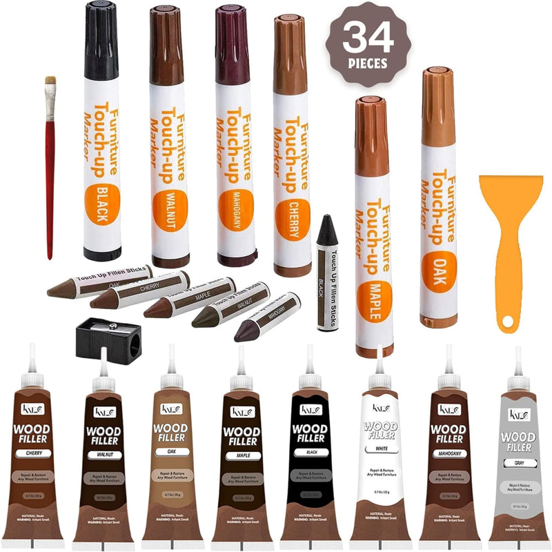 [Australia] - Katzco Furniture Repair Kit Wood Markers - Set of 34 - Markers and Wax Sticks with Sharpener - for Stains, Scratches, Floors, Tables, Desks, Carpenters, Bedposts, Touch-Ups, Cover-Ups 