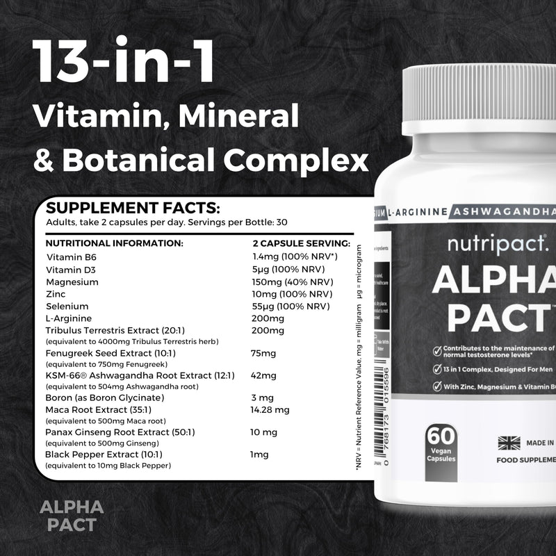 Testosterone Support for Men - Alpha Pact by Nutripact with Tribulus Terrestris, Ashwagandha, Maca, Zinc, Boron, Magnesium – 60 Vegan Capsules - Testosterone Supplements for Performance & Vitality