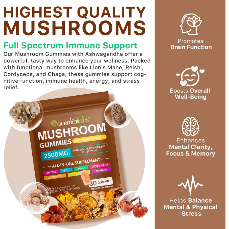 Mushroom Gummies, 80 Count Mushroom Supplement Gummies with Ashwagandha, Lion's Mane, Reishi & Chaga - All in One 2500mg Functional Mushrooms Support Immunity & Energy, Boost Vitality Overall Health