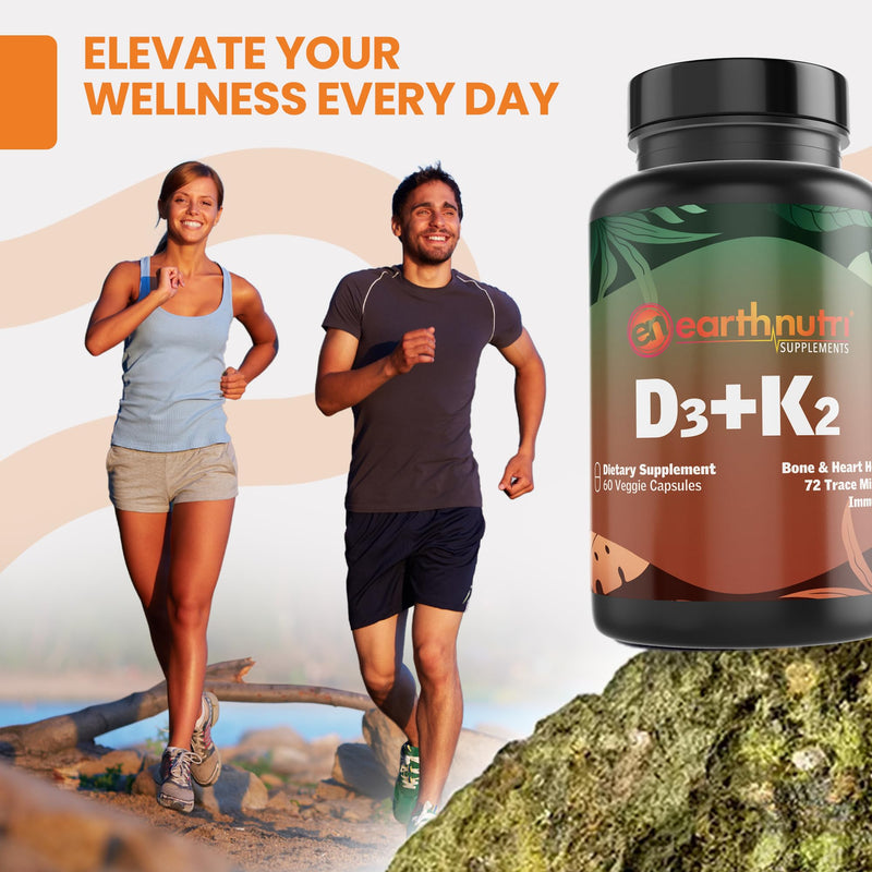 EarthNutri - Vitamin D3 Plus K2 Vitamin Supplement 5000 IU – Includes K2 from MENA Q7, D3 from Vitashine, Calcium from Aquamin & 72 Trace Minerals – for Immune, Bone & Heart Health - Non-GMO