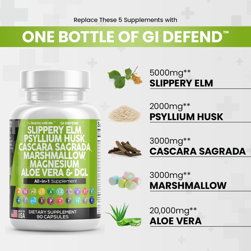 [Australia] - Clean Nutraceuticals Slippery Elm 5000mg Psyllium Husk 2000mg Pre Probiotic Digestive Gut Health Supplement with Aloe Vera Cascara Sagrada 2000mg Marshmallow Root DGL Licorice Senna Extract 