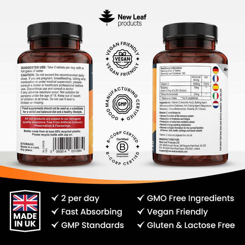 Vitamin C Tablets 1000mg - Enriched with Bioflavonoids & Rosehip - Premium Vitamin C Supplements - 360 Vegan Vitamin C Tablets High Strength Ascorbic Acid VIT C for Normal Immune System UK Made 360 count (Pack of 1)