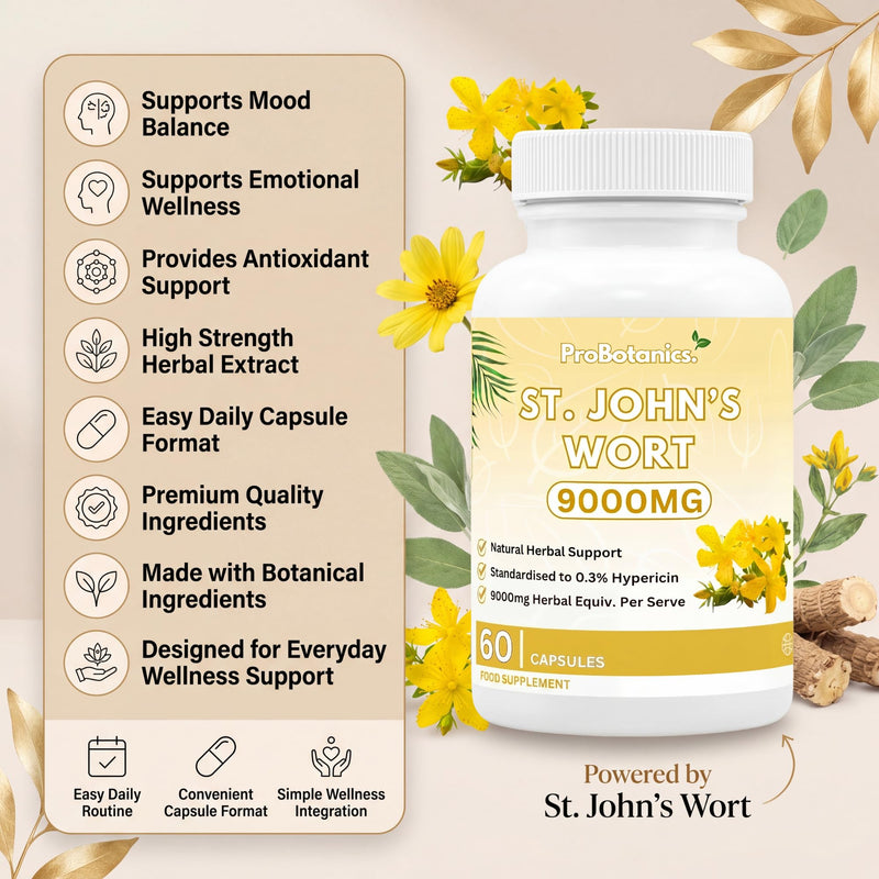 St John's Wort 900mg Maximum Strength | Standardised 0.3% Hypericin Extract | High-Strength Herbal Supplement for Emotional Wellbeing | 60 Vegan Capsules