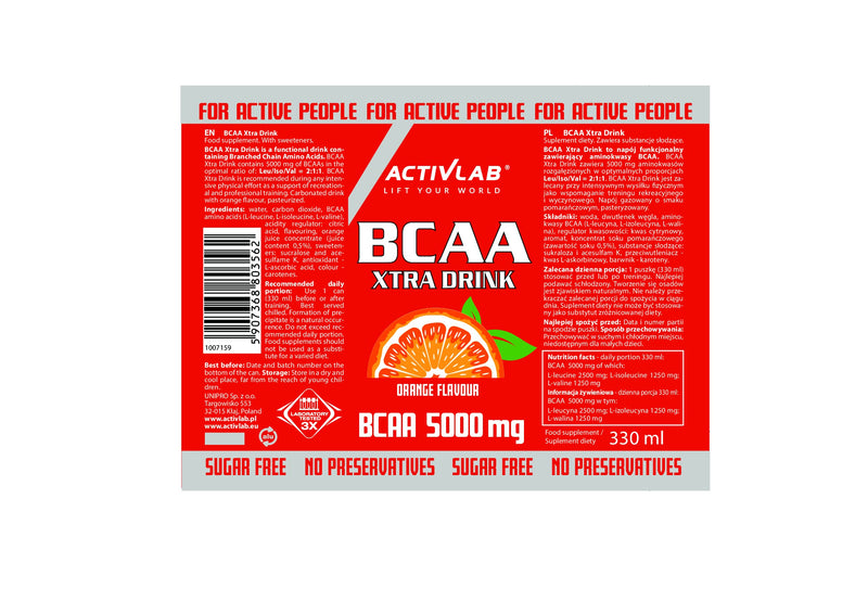 [Australia] - Activlab BCAA Xtra Drink Ready-to-Drink; Set of 24 x 330 ml cans 5000 mg BCAA in one can; zero sugar; orange flavor; amino acid drink; Regeneration of the body and endurance orange 330 ml (pack of 24) 