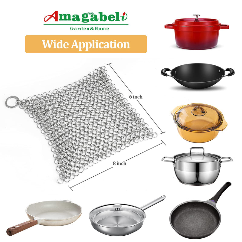 [Australia] - Amagabeli Cast Iron Cleaner 8"x6" Chain mail scrubber 316L Premium Stainless Steel Chainmail Scrubber for cast iron pans Skillet Wok Pot Dutch Ovens Cleaning with Hanging Ring Rectangle 316 CS03 8"x6" 