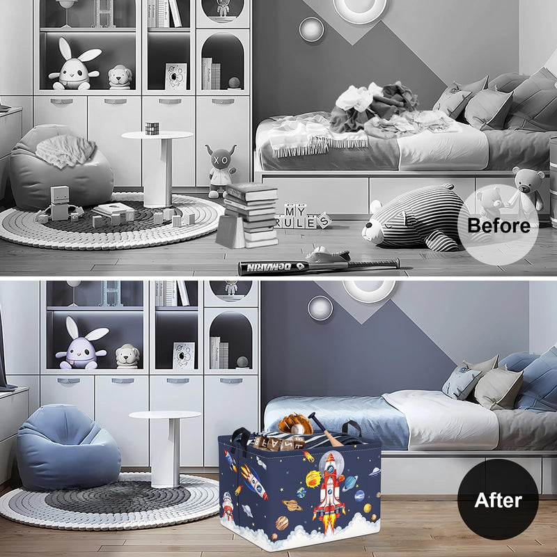 [Australia] - Clastyle Space Rocket Launch Storage Basket Boy Pool Beach Towel Bin Blue Planets Toy Book Shelf Basket Meteorit Rectangle Gift Clothes Cube 40*30*30 cm 