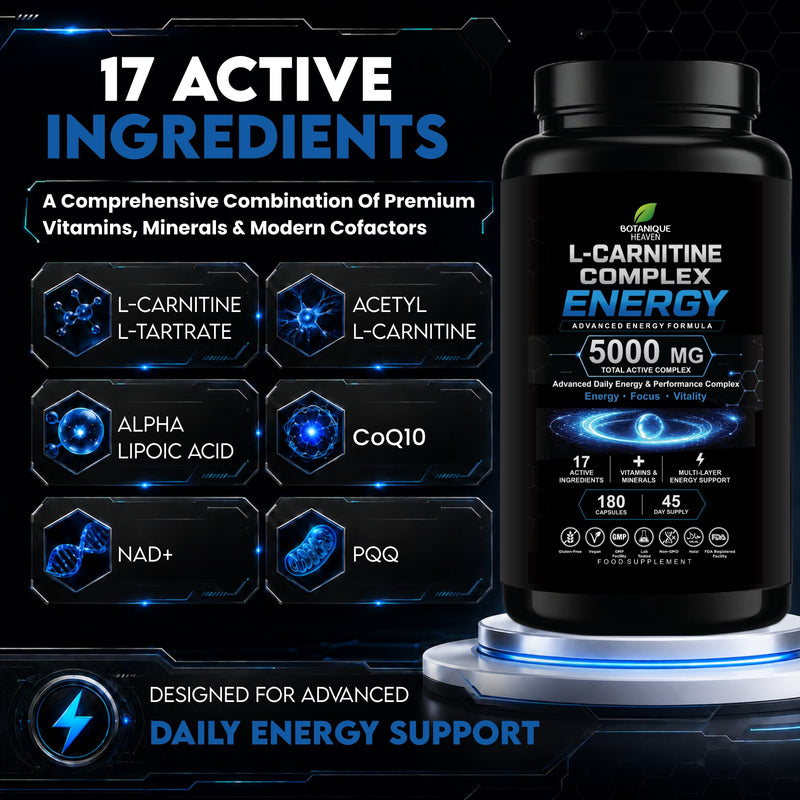 L-Carnitine Complex Energy 5000mg – Advanced Acetyl L-Carnitine Formula with NAD+, PQQ & CoQ10 – Energy & Metabolism Support – 17 Active Ingredients – 180 Vegan Capsules