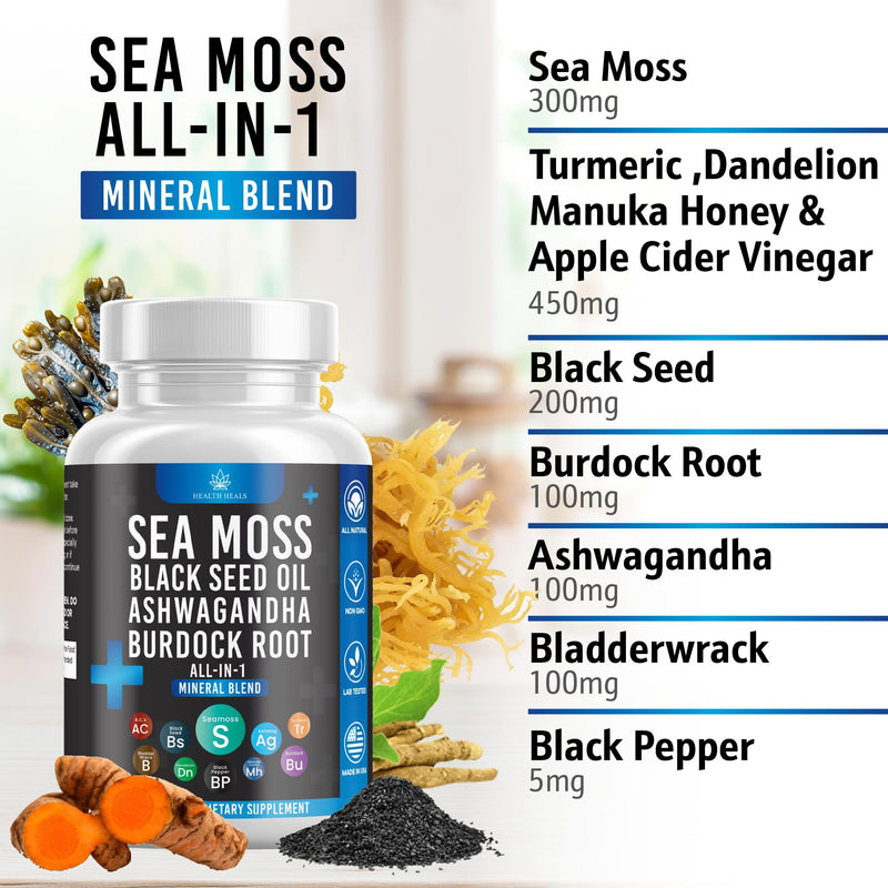[Australia] - Sea Moss 3000 Black Seed Oil 2000 Ashwagandha 1000 Bladderwrack 1000 Burdock 1000-120 Count 60 Count (Pack of 2) 