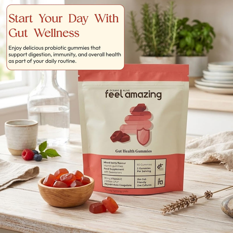 Feel Amazing Gut Health Probiotic Gummies - with 1 Billion Live Cultures & Vitamin C - 60 Orange-Flavoured Gummies - 1 Month Supply