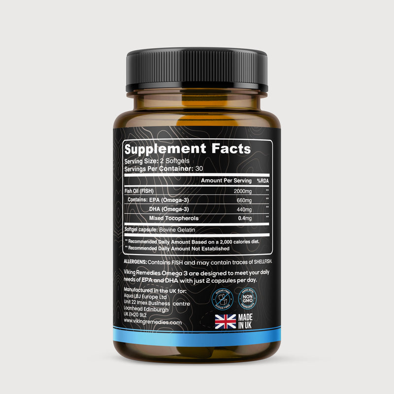 Daily Essential Omega-3 – 1100mg EPA & DHA per Serving – High Strength Fish Oil Softgels – Made in UK – 60 Capsules
