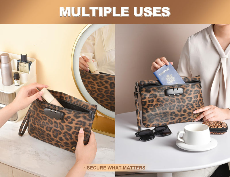 Storage Bag with Combination Lock and Accessories Travel Medicine Bag Container Money Cosmetic Organizer Great Gifts for Women Leopard