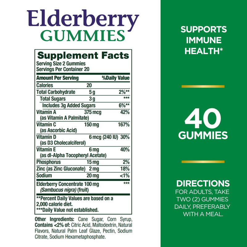 Nature's Bounty Elderberry Gummies,Immune Support,Contains Vitamin A,C,D,E and Zinc,40 Gummies,(Pack of 3) 40 Count (Pack of 3)