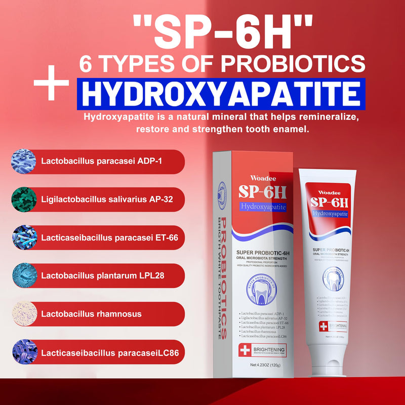 [Australia] - Woadee SP-6 Hydroxyapatite Toothpaste, SP-6 Probiotic Whitening Toothpaste,6 Probiotics+Hydroxyapatite Formula for Teeth Whitening, Strengthening and Enamel Protection，Mint Flavor, Fresh Breath(4) 4 
