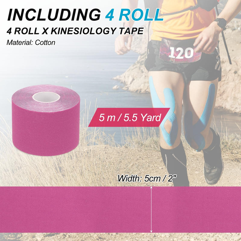 PATIKIL 5.5 Yard x 2 Inch Kinesiology Tape, 4 Roll Adhesive Cotton Sports Muscle Support Tapes Waterproof Elastic Tape for Knee Ankle Wrist Shoulder, Rose Red
